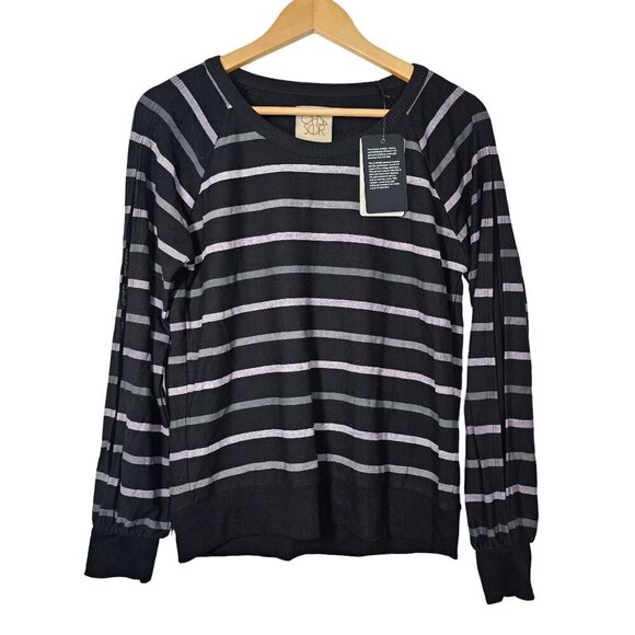Chaser Striped Crewneck Sweater Arm Slits Poly Blend Black Gray‎ Women's S NWT - Picture 1 of 11